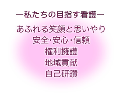 私たちの目指す看護　あふれる笑顔と思いやり　安全・安心・信頼・権利擁護・地域貢献・自己研鑽